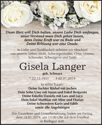 Traueranzeige von Gisela Langer von WVG - Wochenspiegel Dessau / Köthen