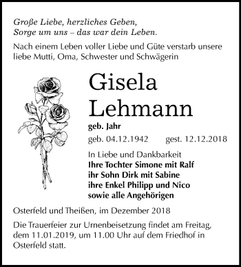 Traueranzeige von Gisela Lehmann von Mitteldeutsche Zeitung Zeitz