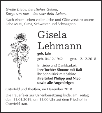 Traueranzeige von Gisela Lehmann von WVG - Wochenspiegel NMB / WSF / ZTZ