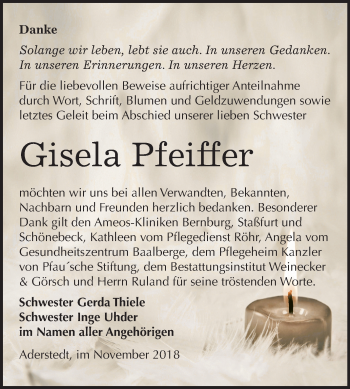 Traueranzeige von Gisela Pfeiffer von Mitteldeutsche Zeitung Bernburg
