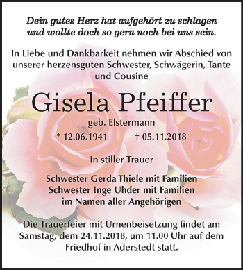 Traueranzeige von Gisela Pfeiffer von Mitteldeutsche Zeitung Bernburg