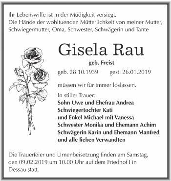 Traueranzeige von Gisela Rau von WVG - Wochenspiegel Dessau / Köthen