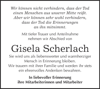 Traueranzeige von Gisela Scherlach von Super Sonntag Quedlinburg