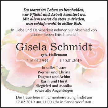 Traueranzeige von Gisela Schmidt von WVG - Wochenspiegel Bitterfeld