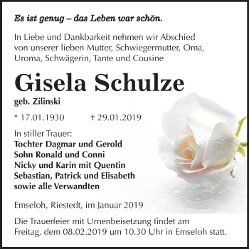 Traueranzeige von Gisela Schulze von Mitteldeutsche Zeitung