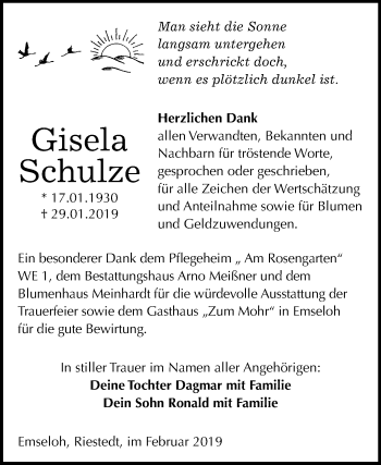 Traueranzeige von Gisela Schulze von Mitteldeutsche Zeitung Sangerhausen