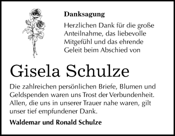 Traueranzeige von Gisela Schulze von Mitteldeutsche Zeitung Bitterfeld