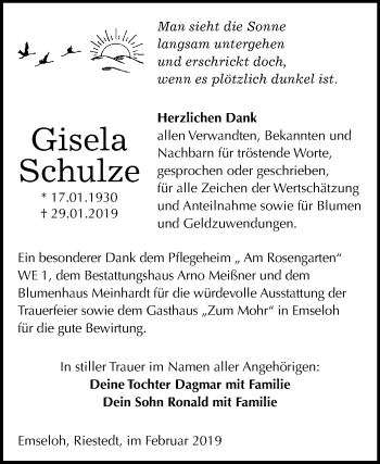 Traueranzeige von Gisela Schulze von Super Sonntag SGH Mansf. Land