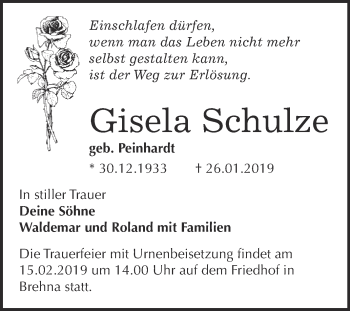 Traueranzeige von Gisela Schulze von WVG - Wochenspiegel Bitterfeld