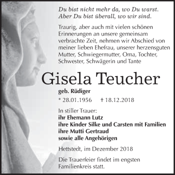 Traueranzeige von Gisela Teucher von Super Sonntag SGH Mansf. Land