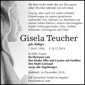 Traueranzeige von Gisela Teucher von Mitteldeutsche Zeitung Mansfelder Land