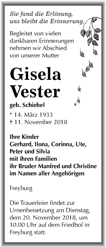 Traueranzeige von Gisela Vester von Mitteldeutsche Zeitung Naumburg/Nebra