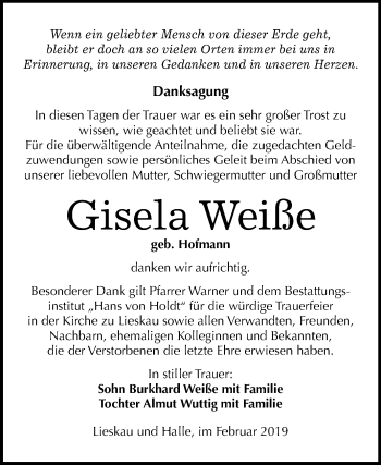 Traueranzeige von Gisela Weiße von Mitteldeutsche Zeitung Halle/Saalkreis