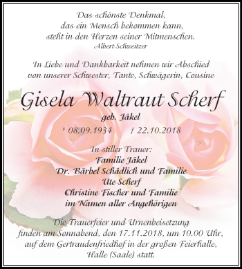 Traueranzeige von Gisela Waltraut Scherf von Mitteldeutsche Zeitung Halle/Saalkreis