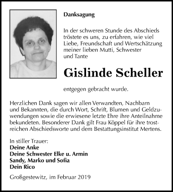 Traueranzeige von Gislinde Scheller von Mitteldeutsche Zeitung