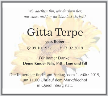 Traueranzeige von Gitta Terpe von Super Sonntag Quedlinburg