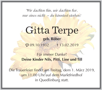 Traueranzeige von Gitta Terpe von Mitteldeutsche Zeitung Quedlinburg