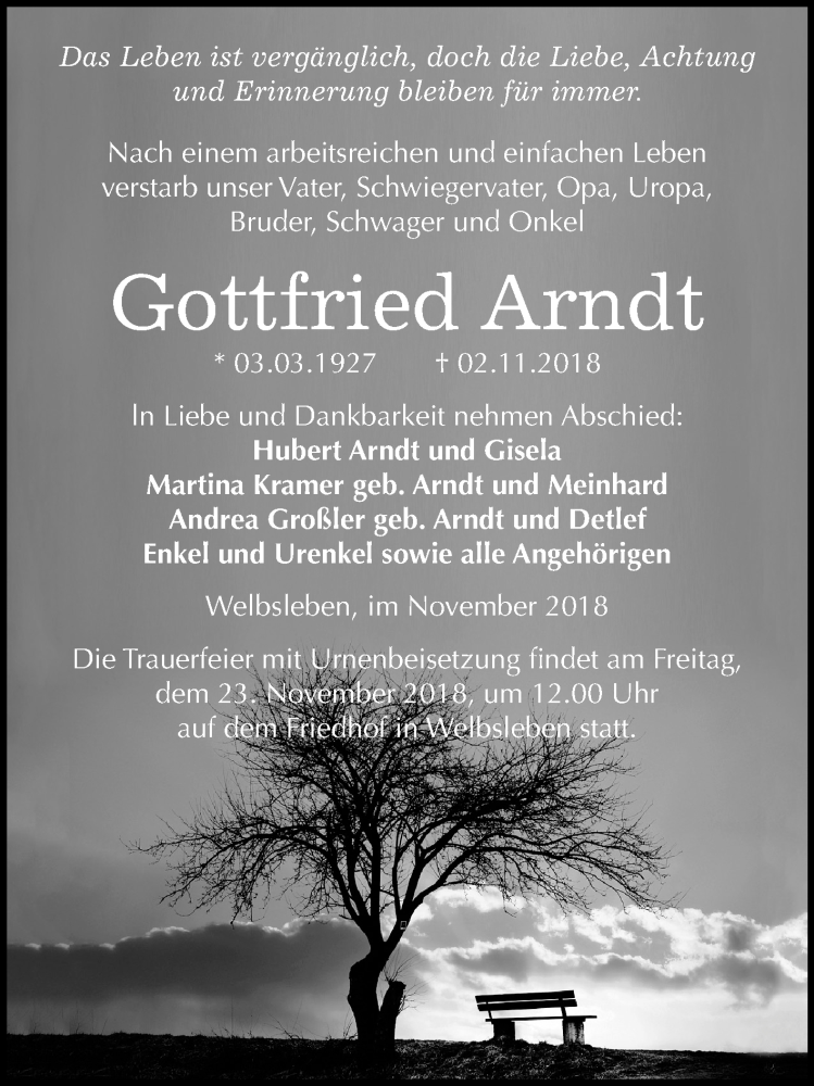  Traueranzeige für Gottfried Arndt vom 10.11.2018 aus Mitteldeutsche Zeitung Aschersleben