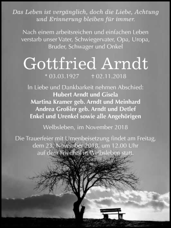 Traueranzeige von Gottfried Arndt von Wochenspiegel Mansfelder Land