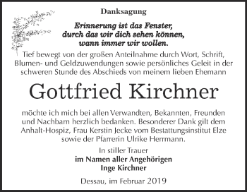 Traueranzeige von Gottfried Kirchner von WVG - Wochenspiegel Dessau / Köthen