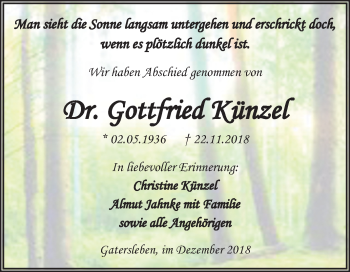 Traueranzeige von Gottfried Künzel von Mitteldeutsche Zeitung Aschersleben