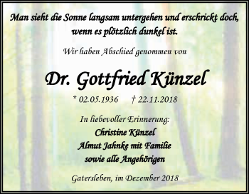Traueranzeige von Gottfried Künzel von Super Sonntag Aschersleben