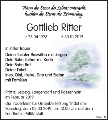 Traueranzeige von Gottlieb Ritter von WVG - Wochenspiegel NMB / WSF / ZTZ