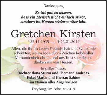 Traueranzeige von Gretchen Kirsten von WVG - Wochenspiegel NMB / WSF / ZTZ