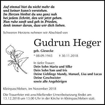 Traueranzeige von Gudrun Heger von WVG - Wochenspiegel Dessau / Köthen