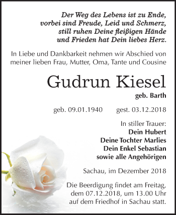 Traueranzeige von Gudrun Kiesel von Mitteldeutsche Zeitung Wittenberg