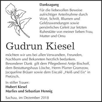 Traueranzeige von Gudrun Kiesel von WVG - Wochenspiegel Wittenberg