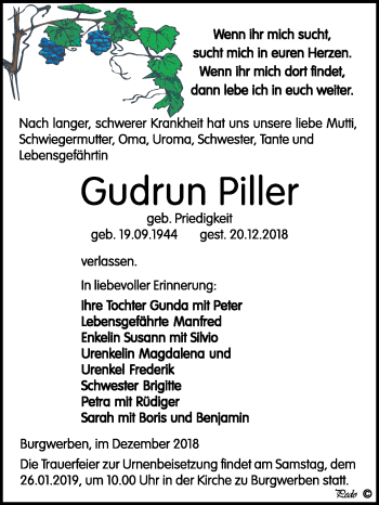 Traueranzeige von Gudrun Piller von WVG - Wochenspiegel NMB / WSF / ZTZ