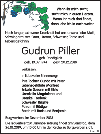 Traueranzeige von Gudrun Piller von Mitteldeutsche Zeitung Weißenfels