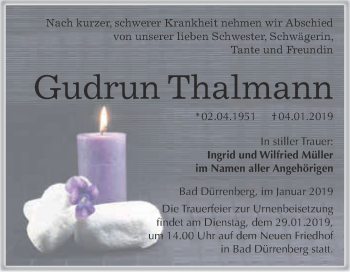 Traueranzeige von Gudrun Thalmann von Super Sonntag Merseburg