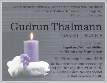 Traueranzeige von Gudrun Thalmann von Mitteldeutsche Zeitung Merseburg/Querfurt