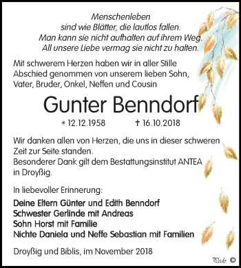Traueranzeige von Gunter Benndorf von Mitteldeutsche Zeitung Zeitz