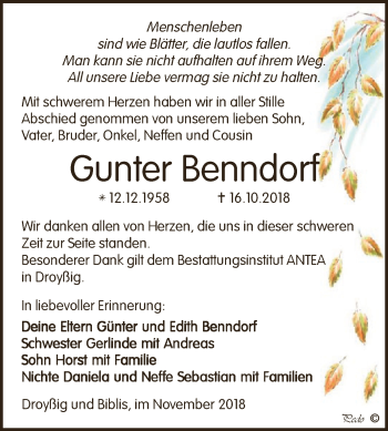 Traueranzeige von Gunter Benndorf von Super Sonntag Zeitz