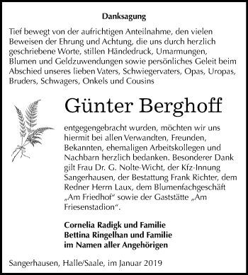 Traueranzeige von Günter Berghoff von Mitteldeutsche Zeitung Sangerhausen