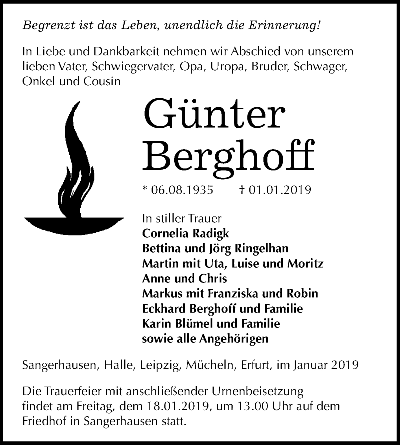  Traueranzeige für Günter Berghoff vom 12.01.2019 aus Mitteldeutsche Zeitung Sangerhausen
