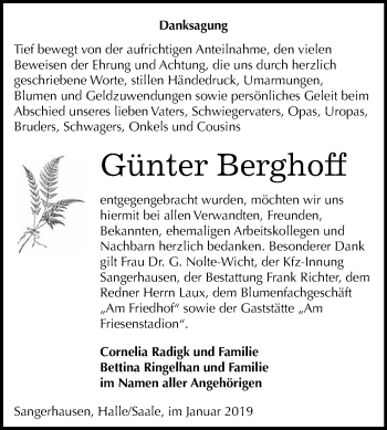 Traueranzeige von Günter Berghoff von Super Sonntag SGH Mansf. Land