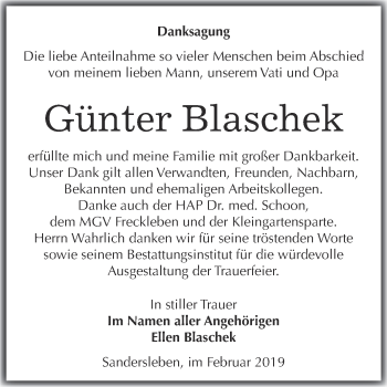 Traueranzeige von Günter Blaschek von Wochenspiegel Mansfelder Land