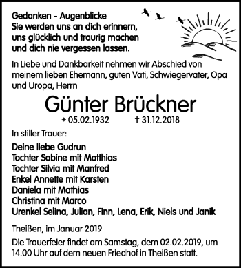 Traueranzeige von Günter Brückner von Super Sonntag Zeitz