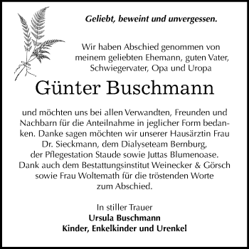 Traueranzeige von Günter Buschmann von Mitteldeutsche Zeitung Bernburg
