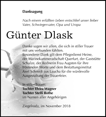 Traueranzeige von Günter Dlask von Mitteldeutsche Zeitung Merseburg/Querfurt