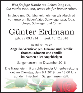 Traueranzeige von Günter Erdmann von Mitteldeutsche Zeitung Sangerhausen