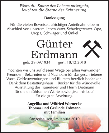 Traueranzeige von Günter Erdmann von Super Sonntag SGH Mansf. Land