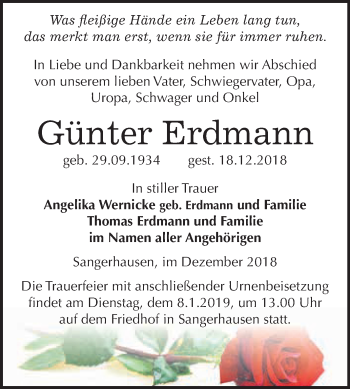 Traueranzeige von Günter Erdmann von Super Sonntag SGH Mansf. Land