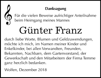Traueranzeige von Günter Franz von Mitteldeutsche Zeitung Bitterfeld