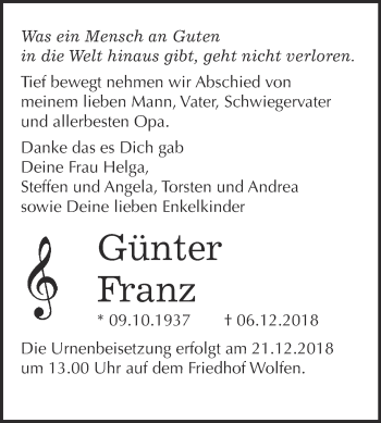 Traueranzeige von Günter Franz von WVG - Wochenspiegel Bitterfeld