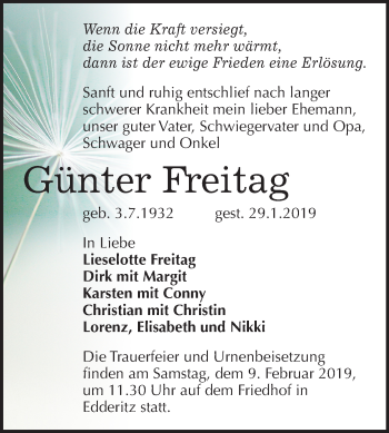 Traueranzeige von Günter Freitag von Mitteldeutsche Zeitung Köthen